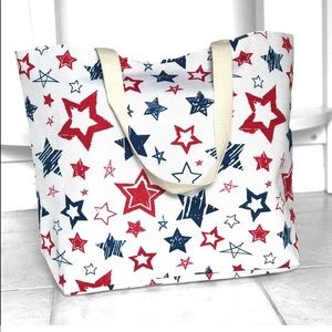 USA PATRIOTIC AMERICAN RED WHITE & BLUE STARS BEACH TOTE BAG